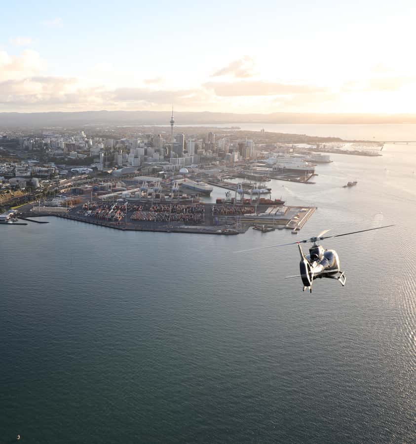 Auckland: 20min Helicopter scenic flight - City & Volcanoes - The first landmarks: Harbour Bridge, Chelsea, and Eden Park