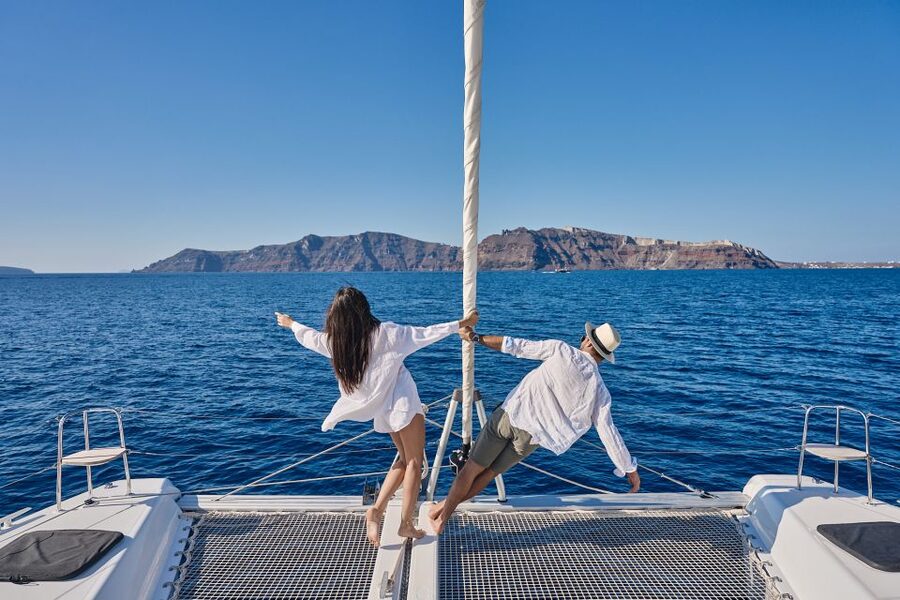 Santorini: Caldera Luxury Catamaran Cruise w/ Meal & Drinks - Nea Kameni and the volcanic water