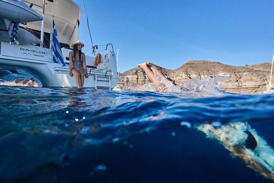 Santorini: Caldera Luxury Catamaran Cruise w/ Meal & Drinks - A Greek barbecue served at sea