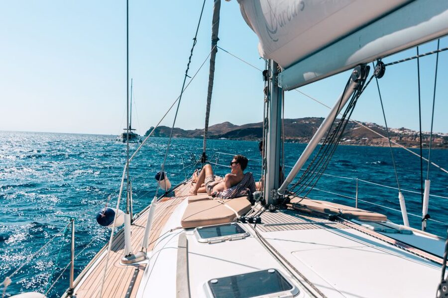 Santorini Caldera: Morning Sailing Cruise with Meal - Leaving Vlychada Marina for the south coast