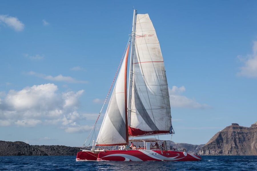 Santorini: Dream Catcher 5-hour Sailing Trip in the Caldera - A barbecue in a secluded bay