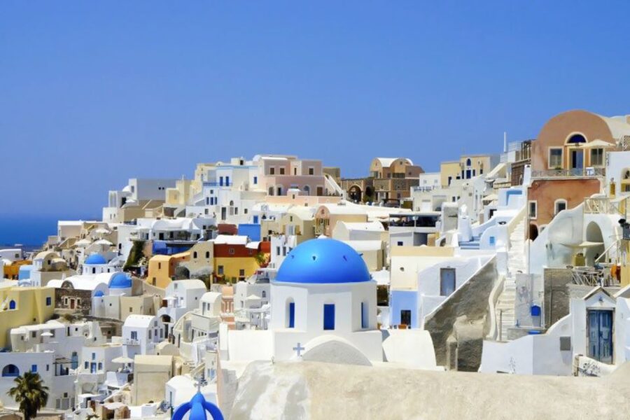 Santorini Island Bus Tour and Caldera Sunset Cruise - Prophet Elias and the island from 550 meters up