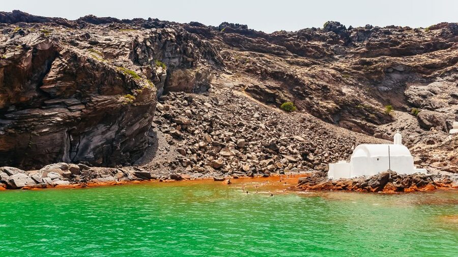 Santorini: Volcano and Hot Springs Sunset Dinner Cruise - Palia Kameni and the sulfur springs
