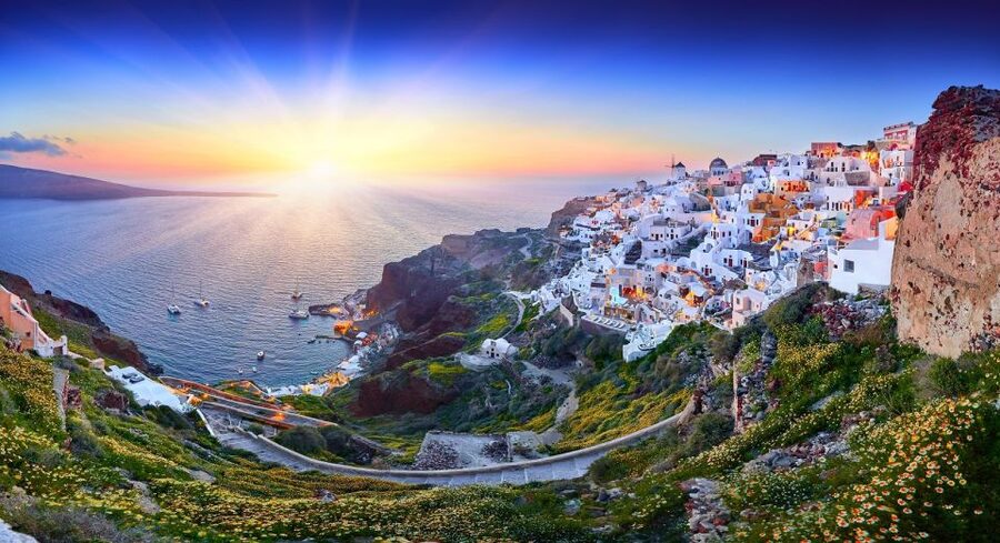 Santorini: Volcano and Hot Springs Sunset Dinner Cruise - Greek dinner with wine before sunset