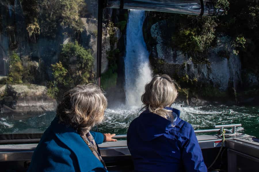 Taupo: Lake Taupo Western Bays Catamaran Tour with Bush Walk - Getting close to Otupotu Falls
